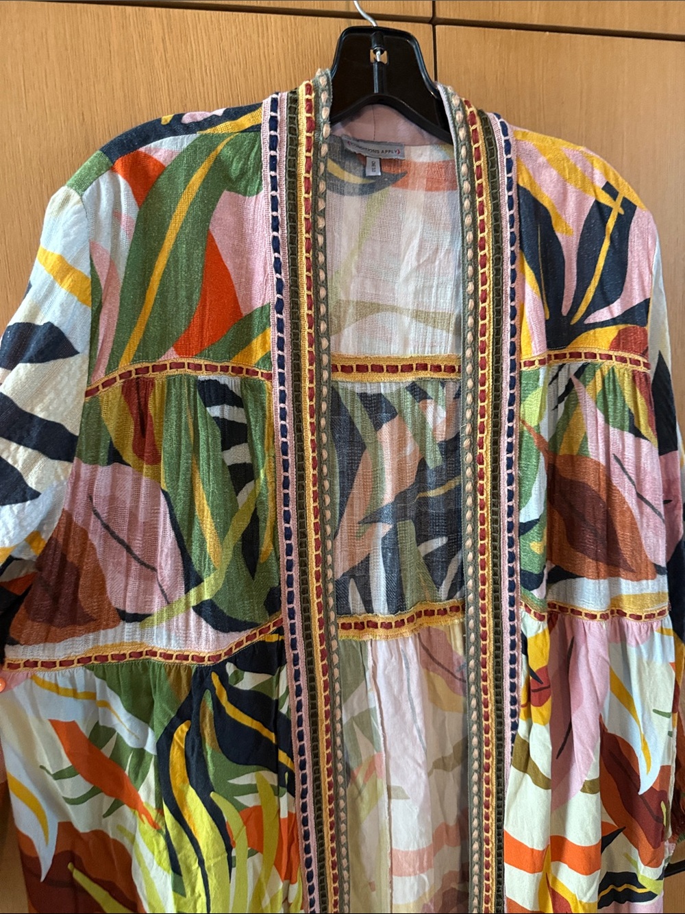 Anthropologie Conditions Apply Tropical Leaf Duster Boho Embroidered Trim Kimono - Picture 6 of 14